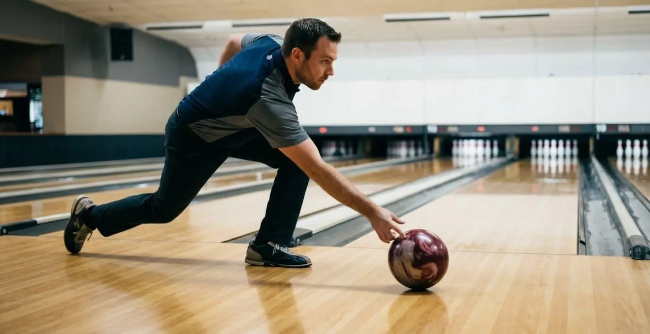 Bowleur sur le point de lancer sa boule réactive sur une piste de bowling professionnelle avec zones d'huile visibles