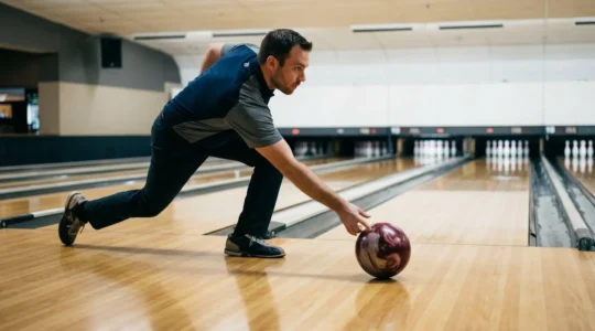 Bowleur sur le point de lancer sa boule réactive sur une piste de bowling professionnelle avec zones d'huile visibles