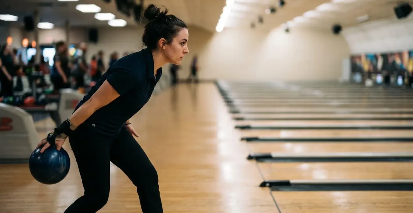 Vue rapprochée d'un joueur de bowling concentré fixant les flèches de visée sur la piste, environnement moderne de bowling avec éclairage ambiant