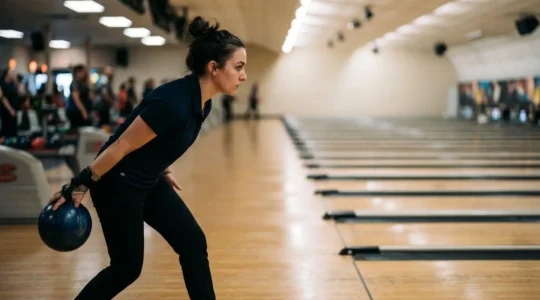 Vue rapprochée d'un joueur de bowling concentré fixant les flèches de visée sur la piste, environnement moderne de bowling avec éclairage ambiant