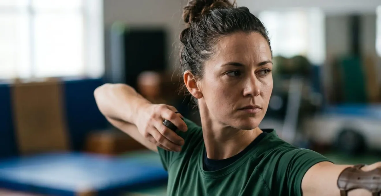 Athlète dans un état de concentration maximale avant un tir décisif