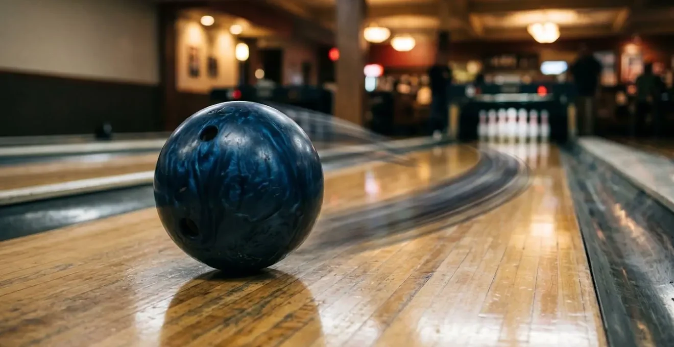 Boule de bowling en pleine trajectoire courbe sur piste avec effet de rotation visible