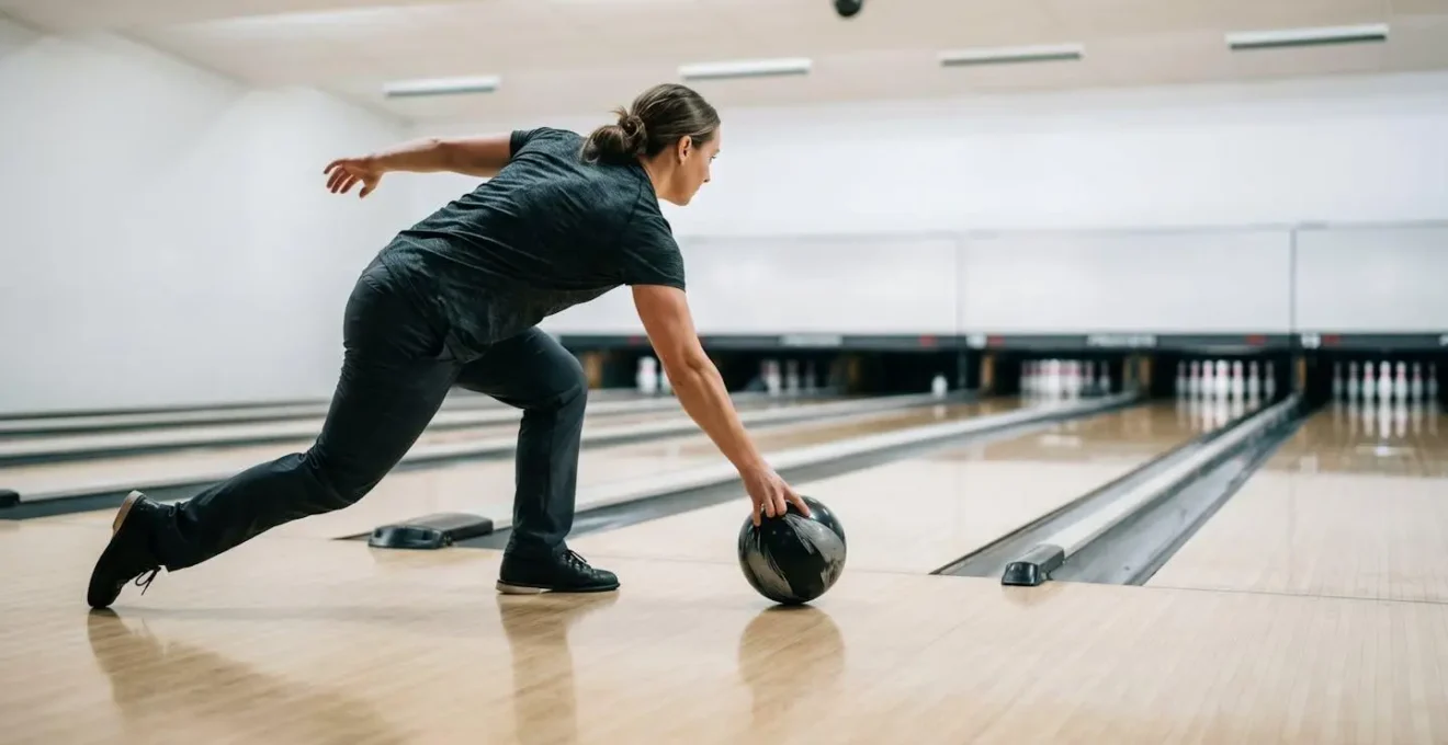 Joueur de bowling en position de lancer dynamique illustrant le transfert d'energie du tronc vers la boule