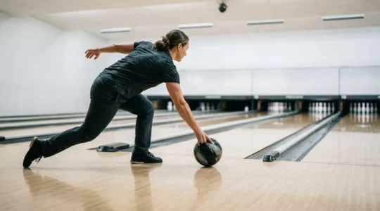 Joueur de bowling en position de lancer dynamique illustrant le transfert d'energie du tronc vers la boule