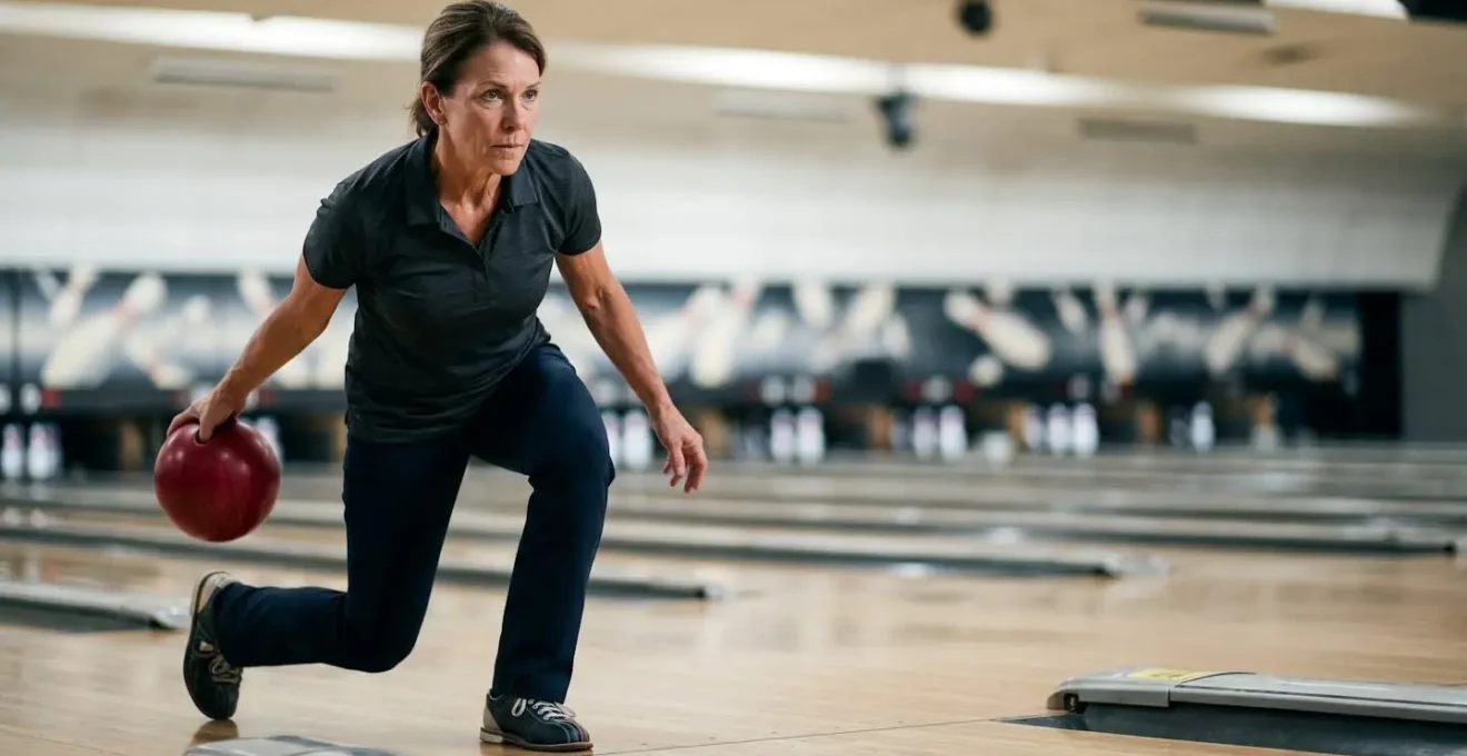 Personne de plus de 50 ans en pleine action de lancer de boule de bowling, capturant l'intensité physique et l'engagement corporel de l'activité