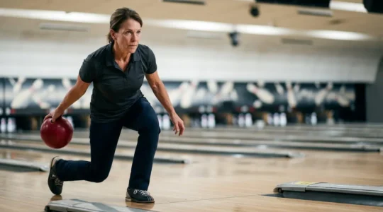Personne de plus de 50 ans en pleine action de lancer de boule de bowling, capturant l'intensité physique et l'engagement corporel de l'activité