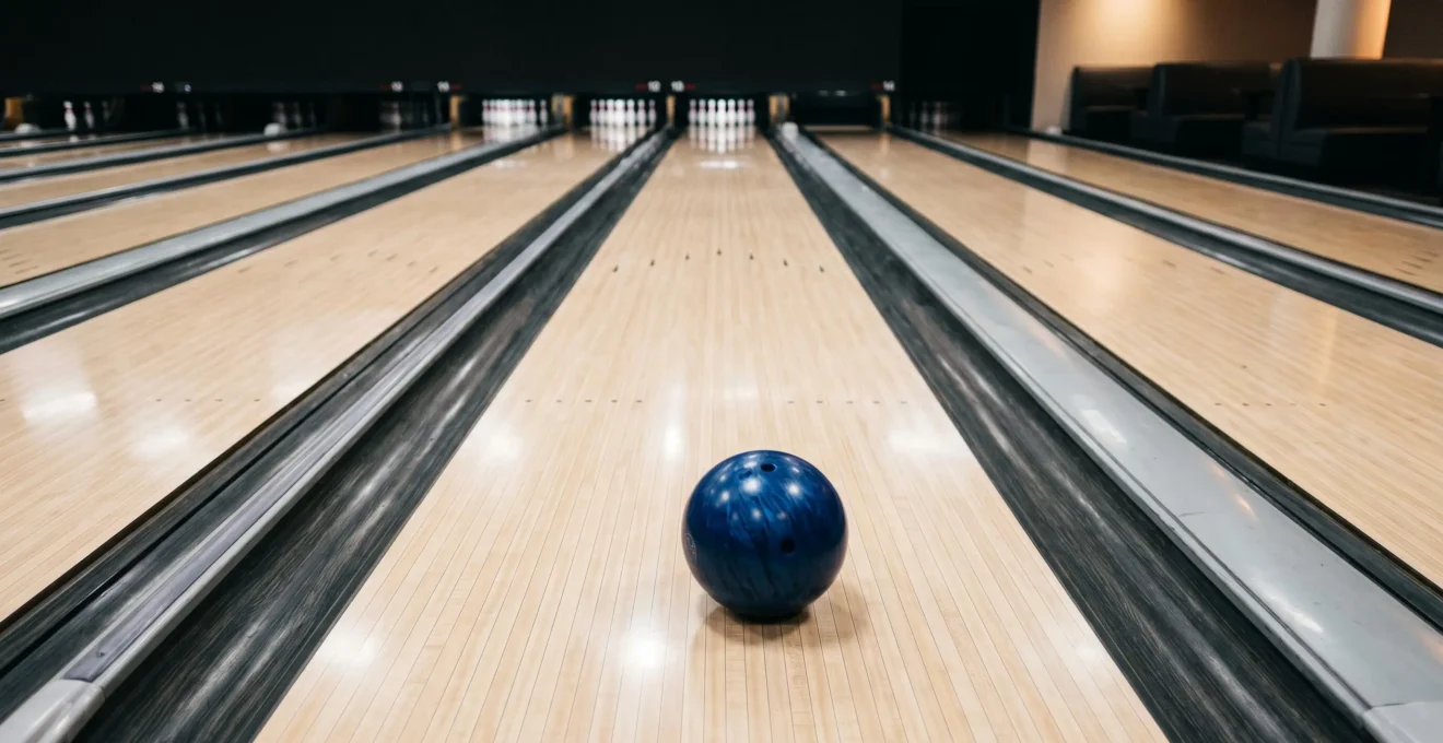 Vue de dessus d'une piste de bowling professionnelle avec zones d'huile et trajectoire de boule en mouvement