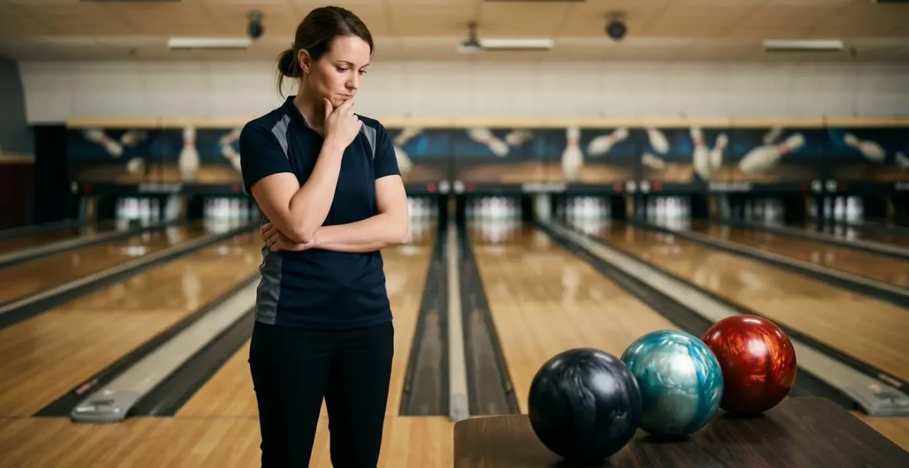 Joueur de bowling en pleine réflexion stratégique face à plusieurs boules de bowling