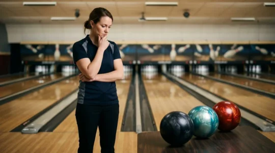 Joueur de bowling en pleine réflexion stratégique face à plusieurs boules de bowling