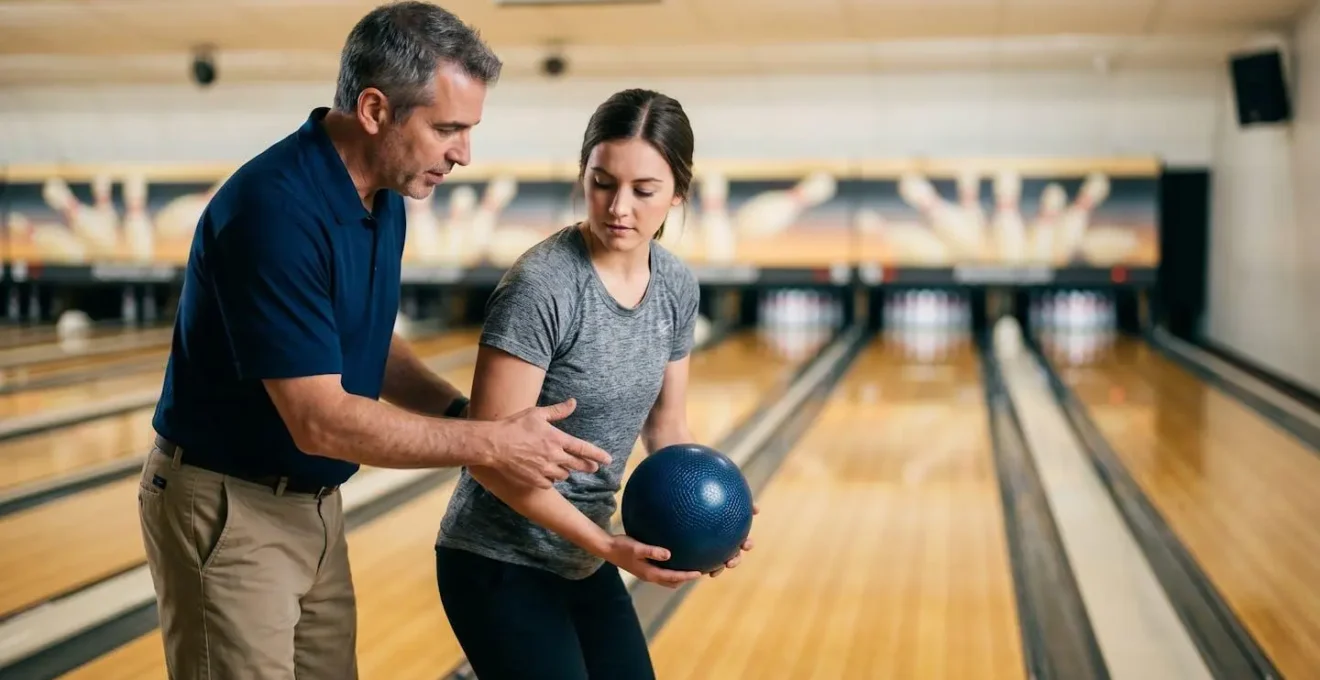 Instructeur de bowling analysant la technique d'un joueur sur la piste