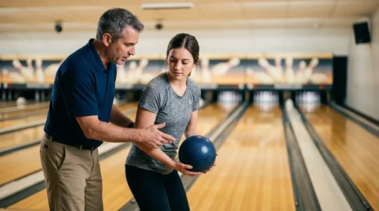 Instructeur de bowling analysant la technique d'un joueur sur la piste