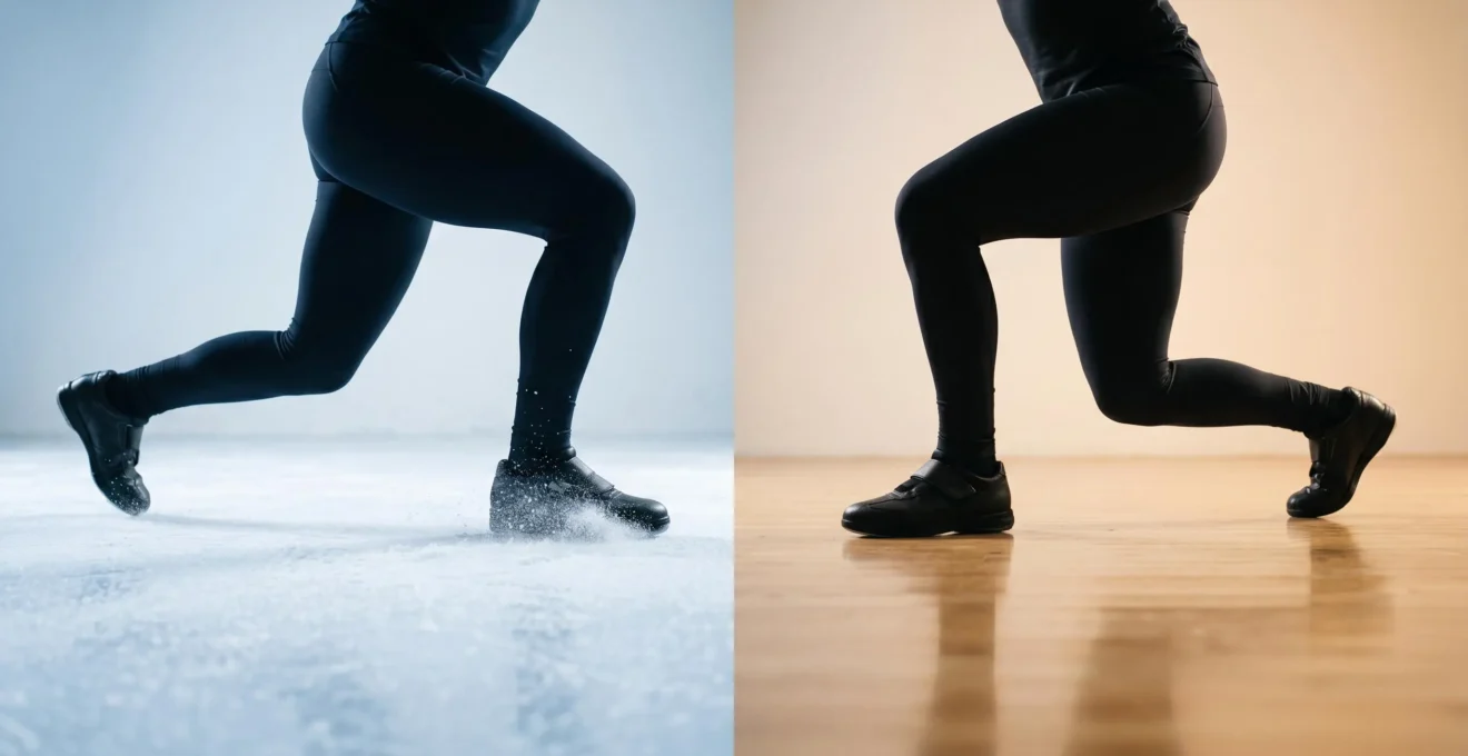 Vue rapprochée d'une posture athlétique montrant l'alignement du corps en position de glisse, avec mise au point sur les jambes et le centre de gravité