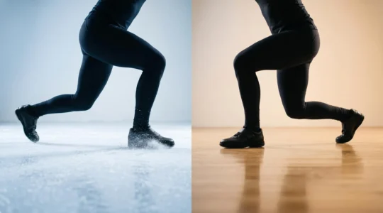 Vue rapprochée d'une posture athlétique montrant l'alignement du corps en position de glisse, avec mise au point sur les jambes et le centre de gravité
