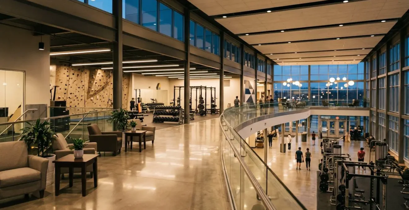 Vue grand angle d'un complexe de loisirs moderne à l'atmosphère soignée avec éclairage tamisé et espaces accueillants