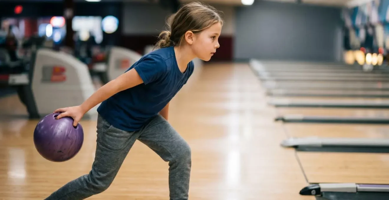 Enfant concentré pratiquant le bowling avec une boule adaptée dans un centre de loisirs moderne