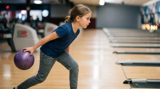 Enfant concentré pratiquant le bowling avec une boule adaptée dans un centre de loisirs moderne