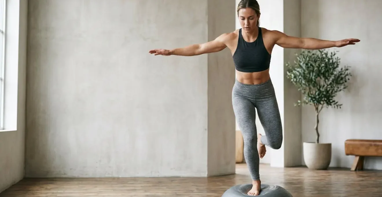 Athlète en équilibre sur un dôme Bosu, jambe de glisse stabilisée, posture contrôlée dans un espace d'entraînement épuré