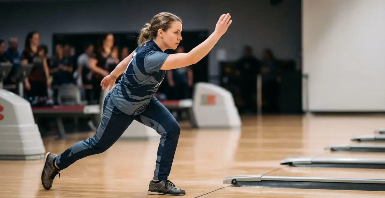 Position finale de glisse d'un joueur de bowling en équilibre parfait à la ligne de faute