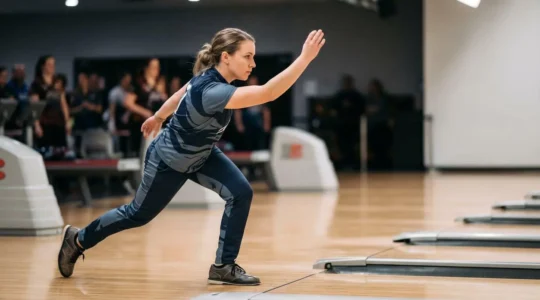 Position finale de glisse d'un joueur de bowling en équilibre parfait à la ligne de faute