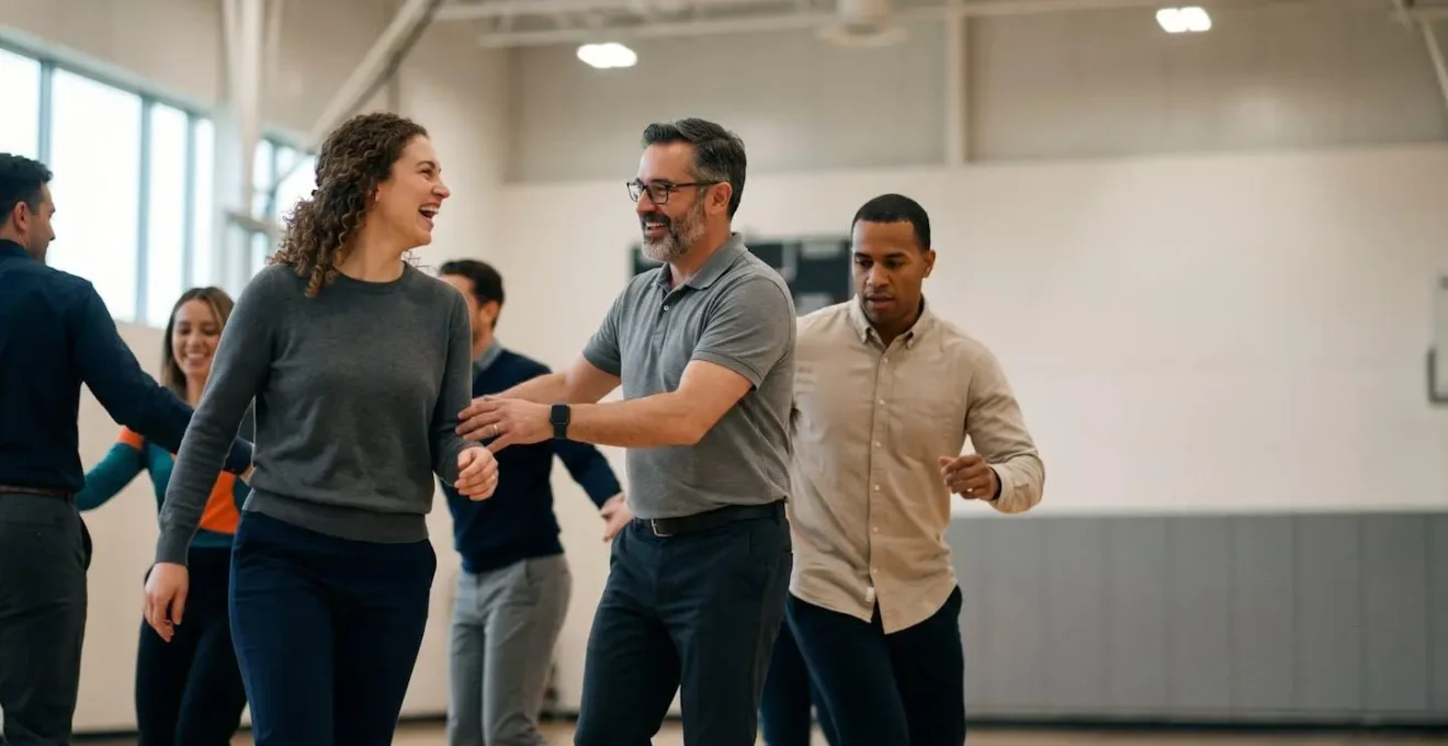 Équipe d'entreprise jouant ensemble lors d'une activité sportive en intérieur, ambiance collaborative et dynamique
