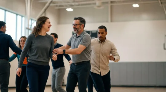 Équipe d'entreprise jouant ensemble lors d'une activité sportive en intérieur, ambiance collaborative et dynamique