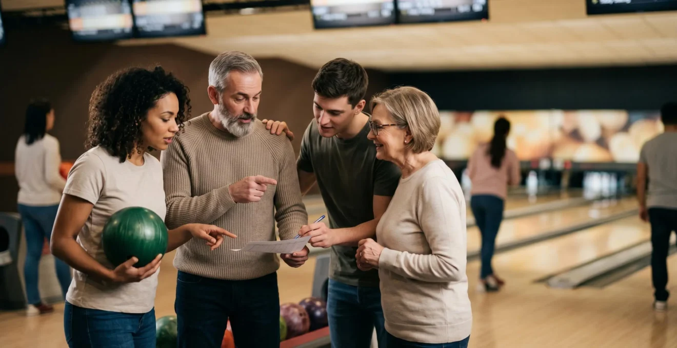 Joueurs de bowling en équipe de ligue partageant un moment de camaraderie et de stratégie