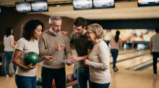 Joueurs de bowling en équipe de ligue partageant un moment de camaraderie et de stratégie