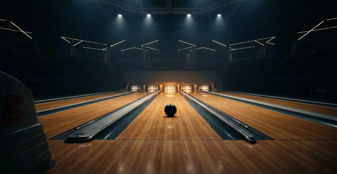 Scene de competition de bowling professionnel montrant la technique moderne avec trajectoire de boule et quilles