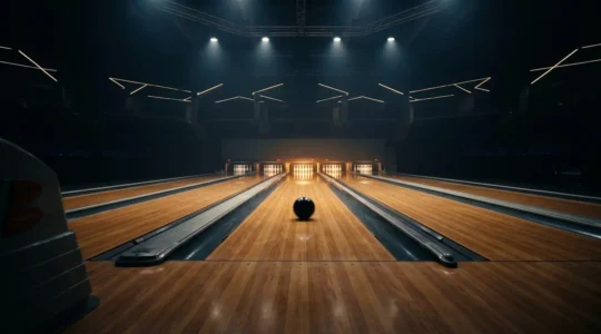 Scene de competition de bowling professionnel montrant la technique moderne avec trajectoire de boule et quilles