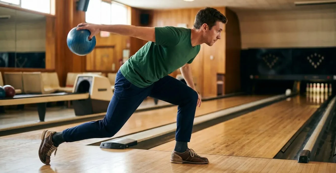 Joueur de bowling en pleine phase de glissando, illustrant l'alignement biomécanique optimal du corps