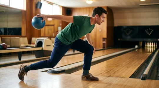 Joueur de bowling en pleine phase de glissando, illustrant l'alignement biomécanique optimal du corps