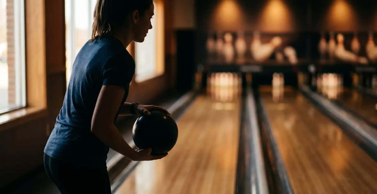 Joueur de bowling au moment crucial du lancer décisif, concentré face à la piste illuminée