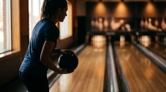 Joueur de bowling au moment crucial du lancer décisif, concentré face à la piste illuminée