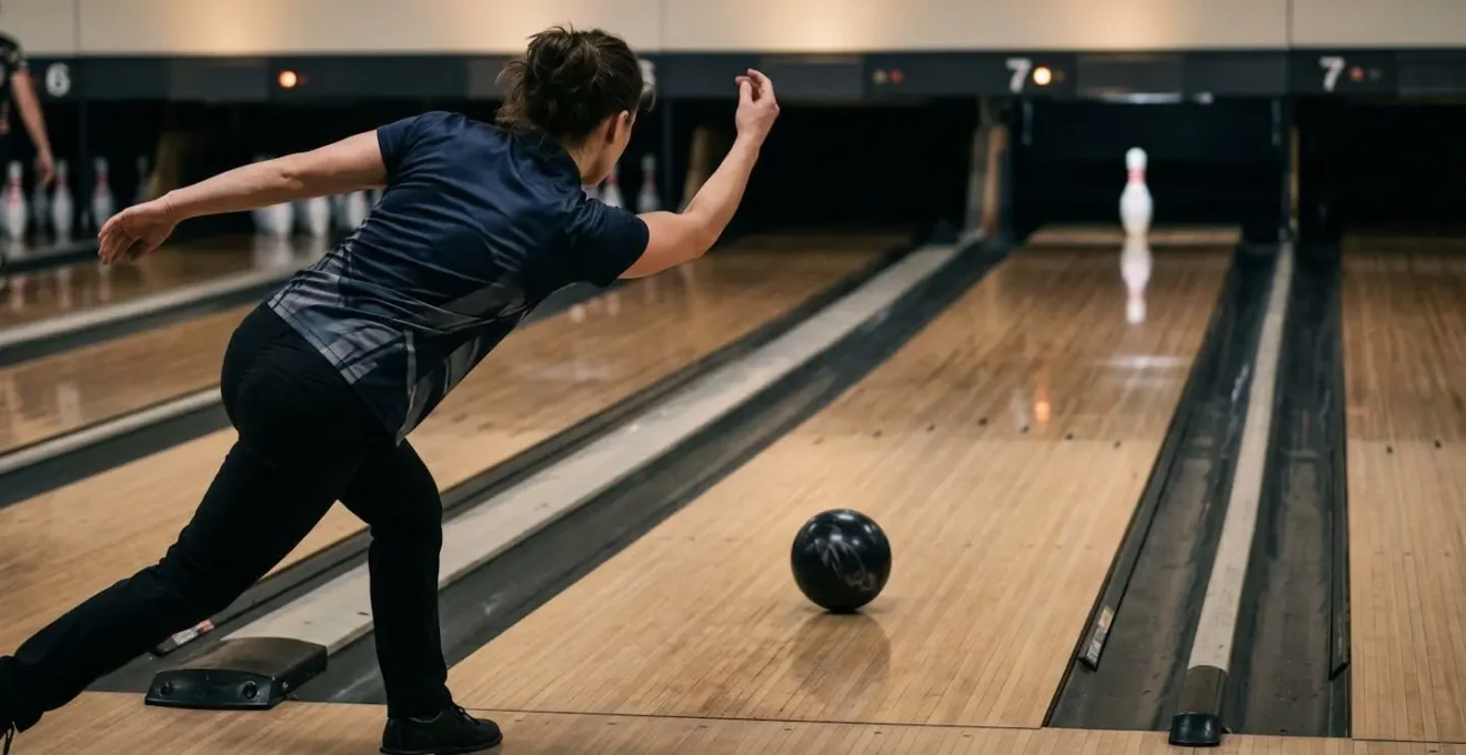 Joueur de bowling concentre visant une quille de coin avec precision sur une piste professionnelle