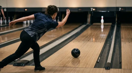 Joueur de bowling concentre visant une quille de coin avec precision sur une piste professionnelle