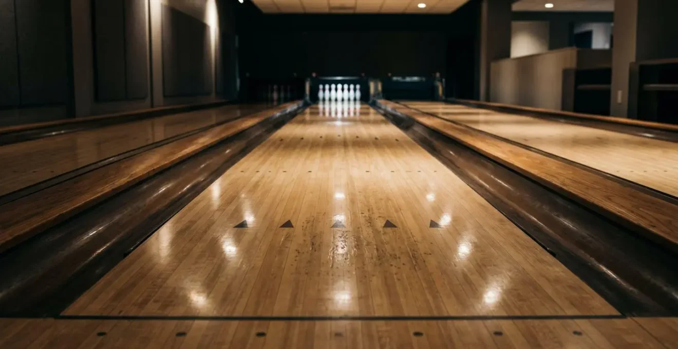 Piste de bowling professionnelle avec zones d'huile visibles, vue en perspective avec éclairage dramatique soulignant les différences de texture entre zones sèches et huilées