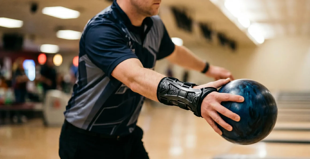 Joueur de bowling en position de lâcher avec support de poignet rigide