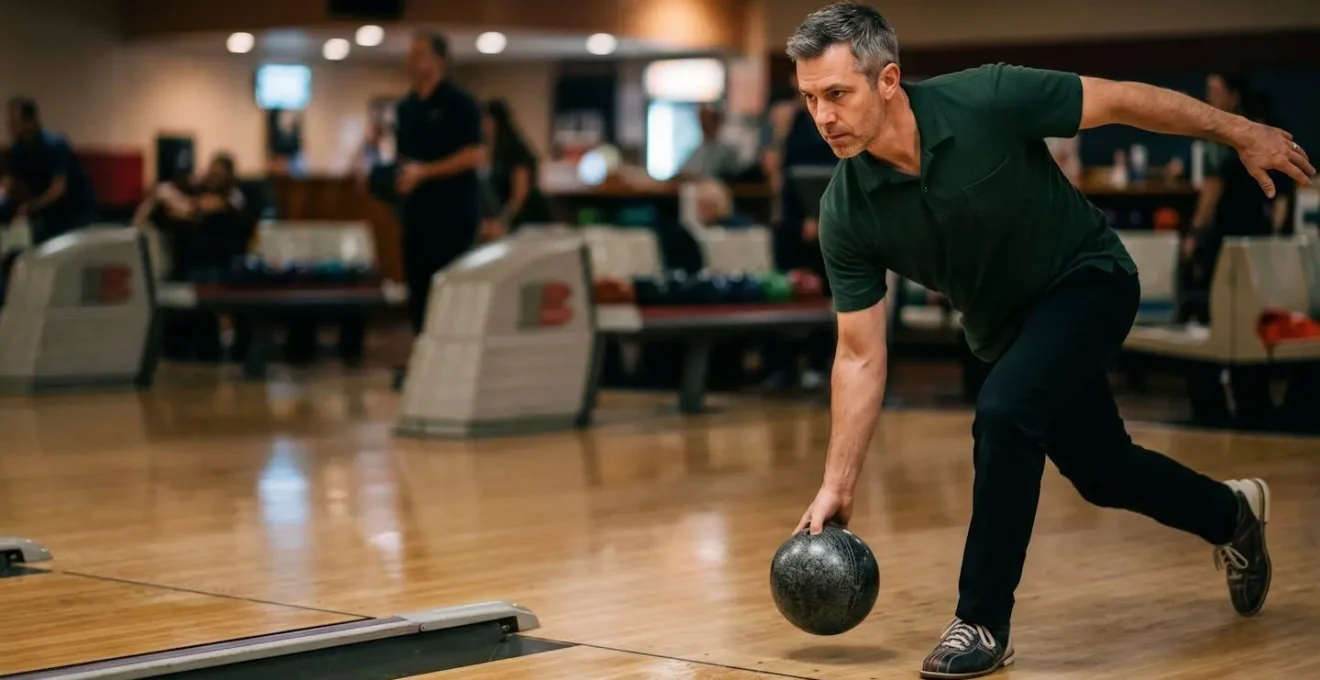 Joueur de bowling professionnel en action sur piste homologuée avec équipement réglementaire