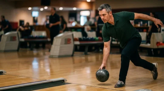 Joueur de bowling professionnel en action sur piste homologuée avec équipement réglementaire