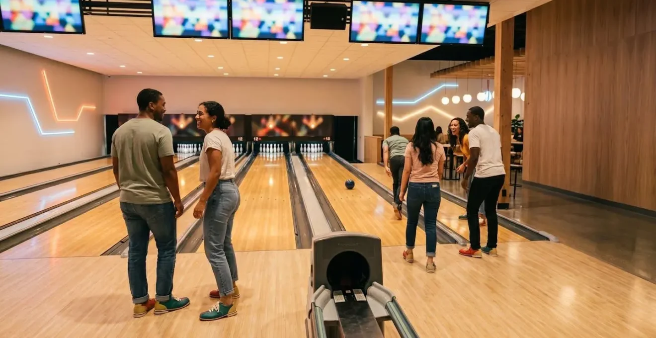 Vue d'ensemble d'une piste de bowling moderne avec des joueurs débutants dans une ambiance conviviale et chaleureuse