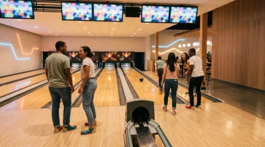 Vue d'ensemble d'une piste de bowling moderne avec des joueurs débutants dans une ambiance conviviale et chaleureuse