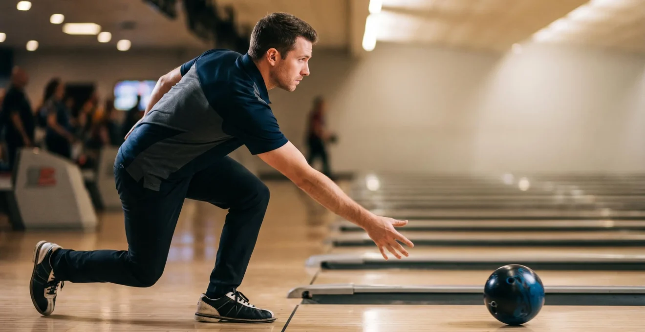 Joueur de bowling en position de glisse finale, démonstrant la synchronisation parfaite entre le pied et le bras lors du lâcher de la boule
