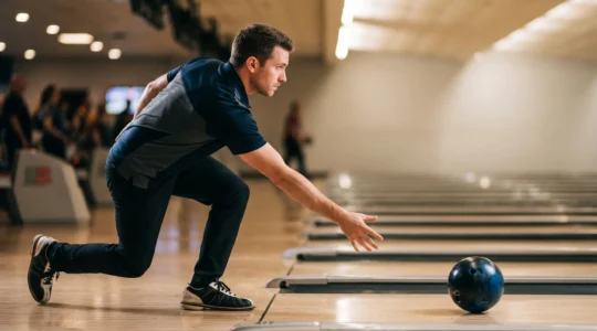 Joueur de bowling en position de glisse finale, démonstrant la synchronisation parfaite entre le pied et le bras lors du lâcher de la boule