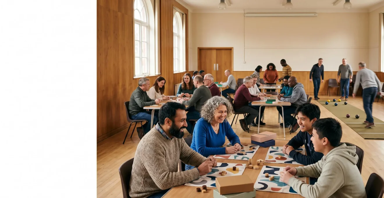 Vue d'ensemble d'un tournoi de jeux en intérieur avec des participants engagés dans une compétition amicale
