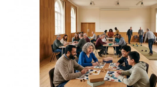 Vue d'ensemble d'un tournoi de jeux en intérieur avec des participants engagés dans une compétition amicale