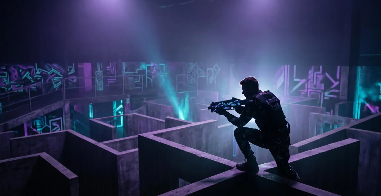 Joueur de laser game en position stratégique dans un labyrinthe sombre sous lumière UV