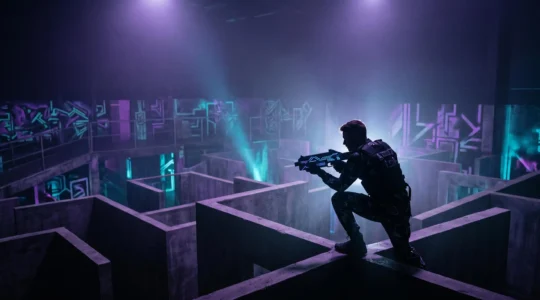 Joueur de laser game en position stratégique dans un labyrinthe sombre sous lumière UV